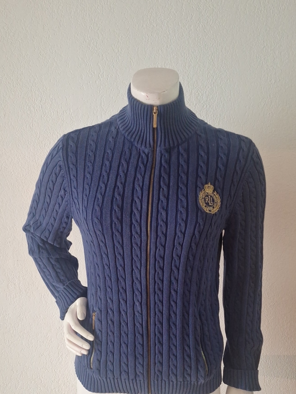 Classic Y2k Ralph Lauren Blue Cable-Knit Zip Cardigan Sweater Sz L 100% Cotton